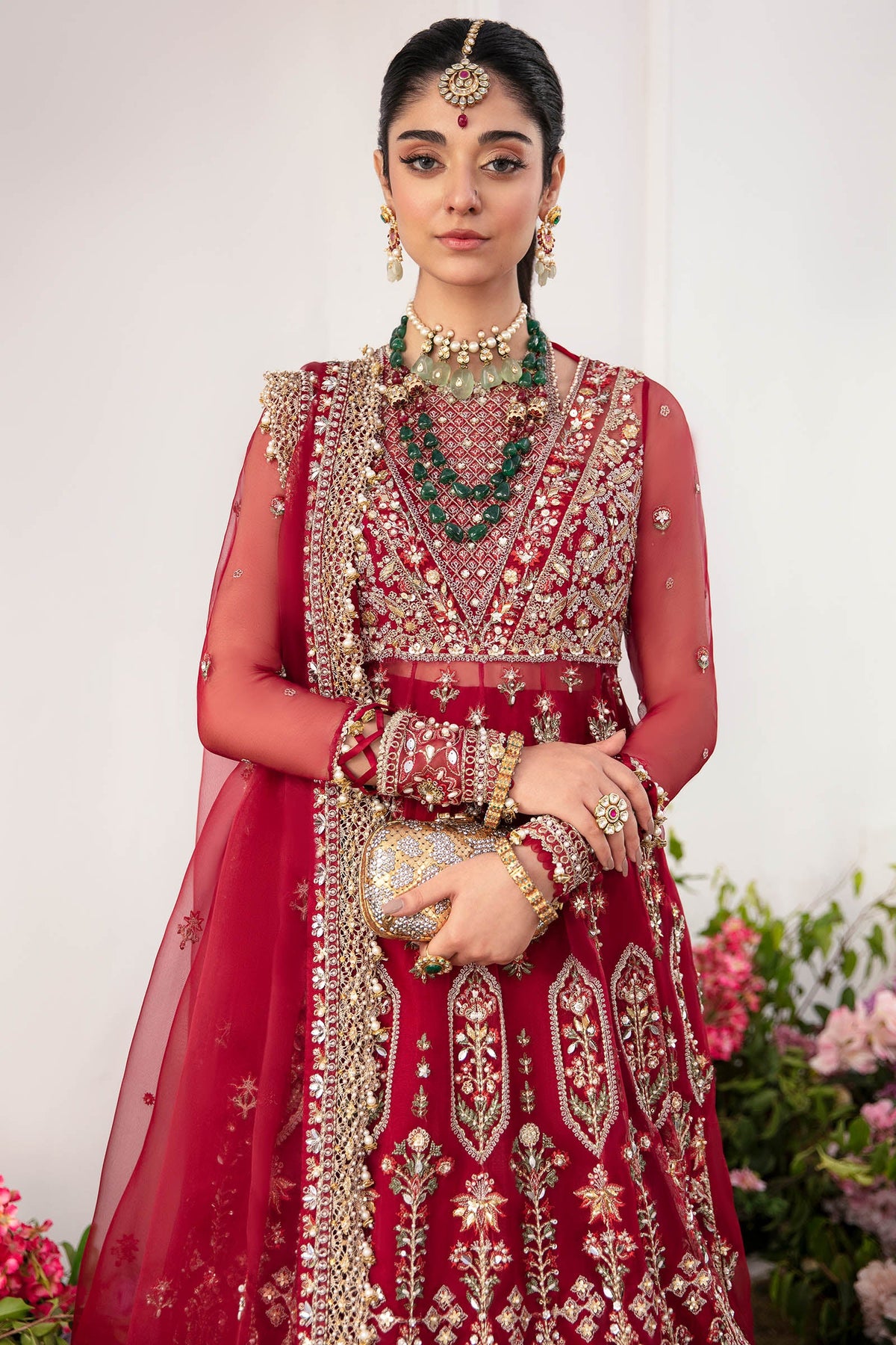 Complete ruby red organza maxi set with embroidered dupatta and intricate gold detailing - Zaha ZAH-29 Pakistani wedding outfit