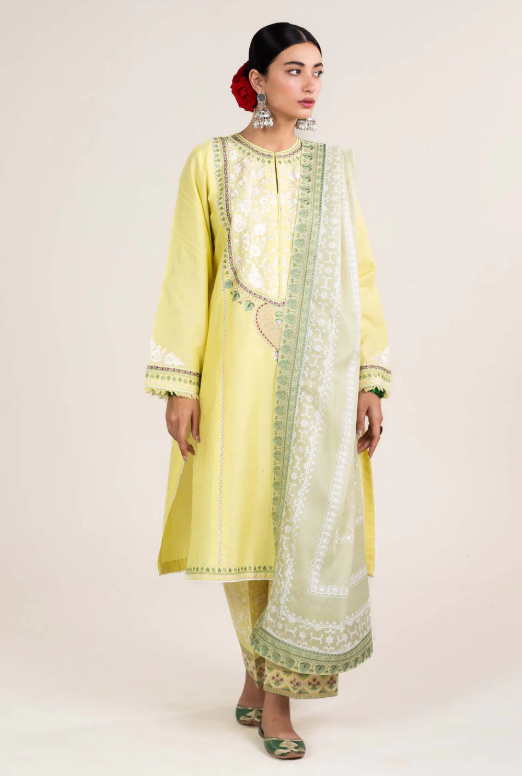 Woman wearing brand Zara Shahjahan showing front view full length lime-yellow jacquard A-line kurta mint silk dupatta sage pants Pakistani suit Eid Canada